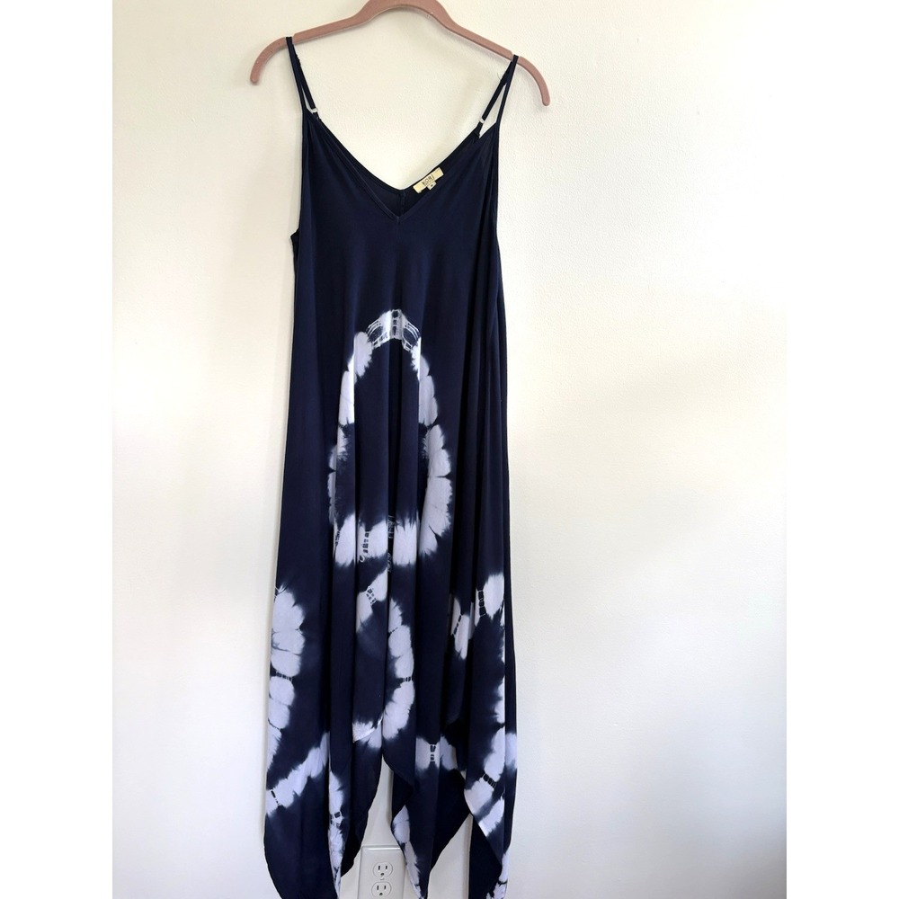 Kori America Navy‎ Tie Dye Handkerchief Hem Cotton Midi Dress N5058 Blue White M
